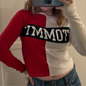 Tommy Hilfiger Red & White Split Logo Long Sleeve Top
